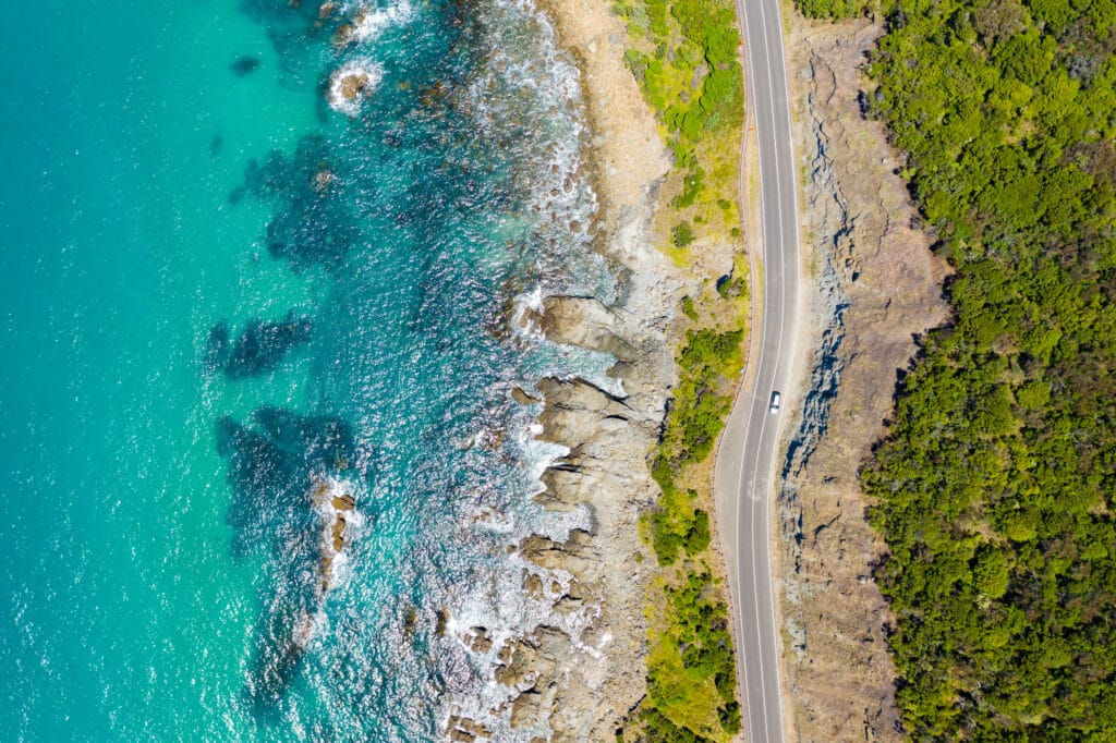 Top down aerial view of Great Ocean Road in Australia